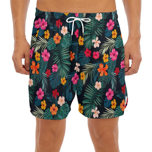 Tropical Flowers Hawaii Pattern Print Men's Split Running Shorts