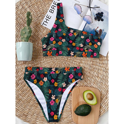 Tropical Flowers Hawaii Pattern Print One Shoulder Bikini Top