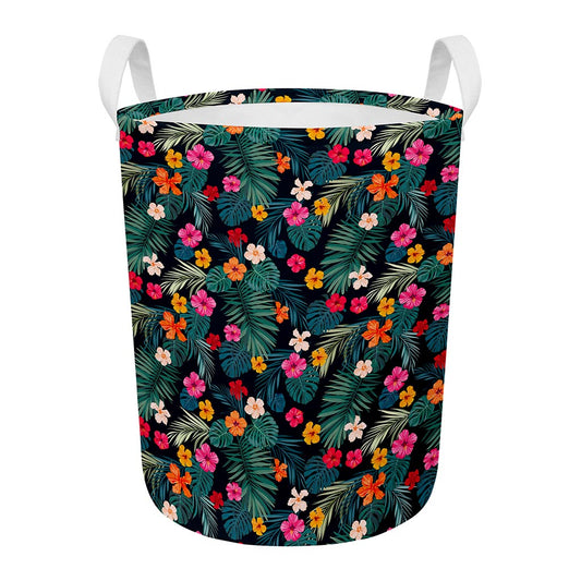 Tropical Flowers Hawaii Pattern Print Round Laundry Basket
