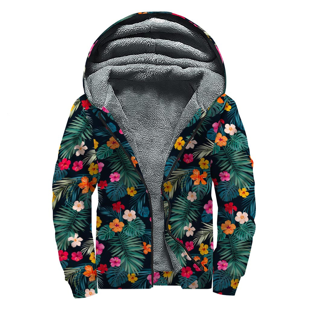Tropical Flowers Hawaii Pattern Print Sherpa Lined Zip Up Hoodie