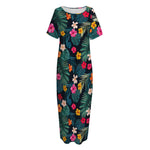 Tropical Flowers Hawaii Pattern Print Short Sleeve Long Nightdress