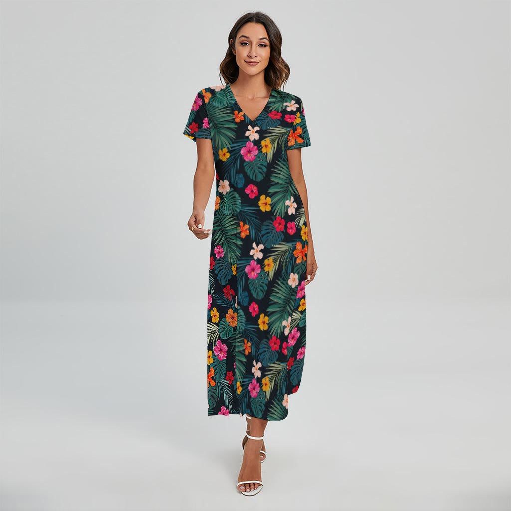 Tropical Flowers Hawaii Pattern Print Short Sleeve Maxi Dress