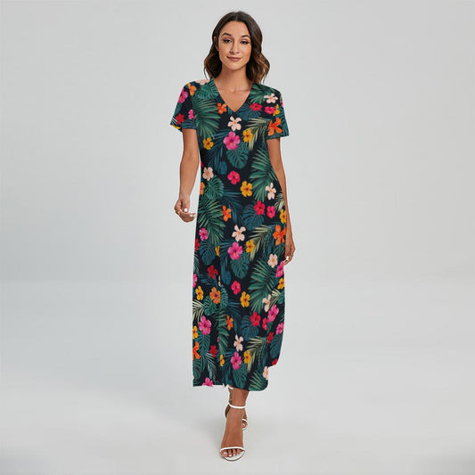 Tropical Flowers Hawaii Pattern Print Short Sleeve Maxi Dress