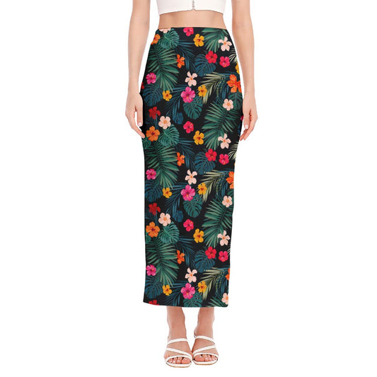 Tropical Flowers Hawaii Pattern Print Side Slit Maxi Skirt