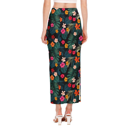 Tropical Flowers Hawaii Pattern Print Side Slit Maxi Skirt