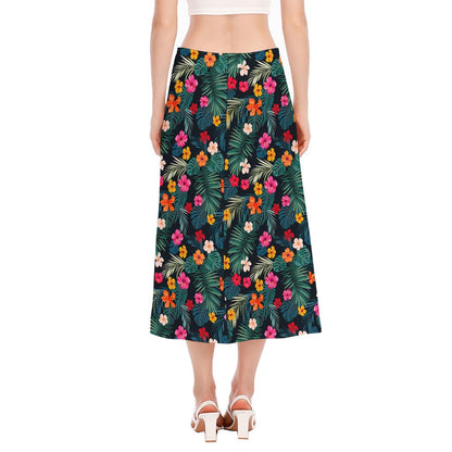 Tropical Flowers Hawaii Pattern Print Side Slit Midi Skirt