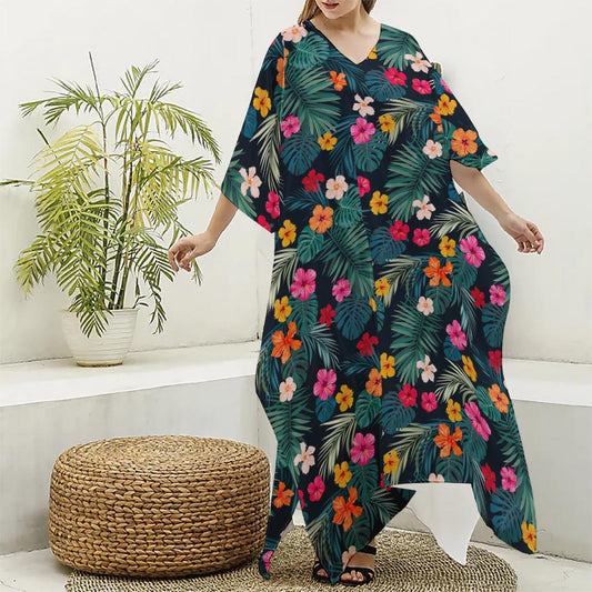 Tropical Flowers Hawaii Pattern Print Silk V-Neck Kaftan Dress