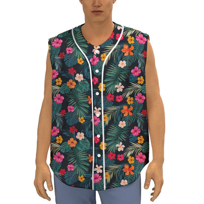 Tropical Flowers Hawaii Pattern Print Sleeveless Baseball Jersey