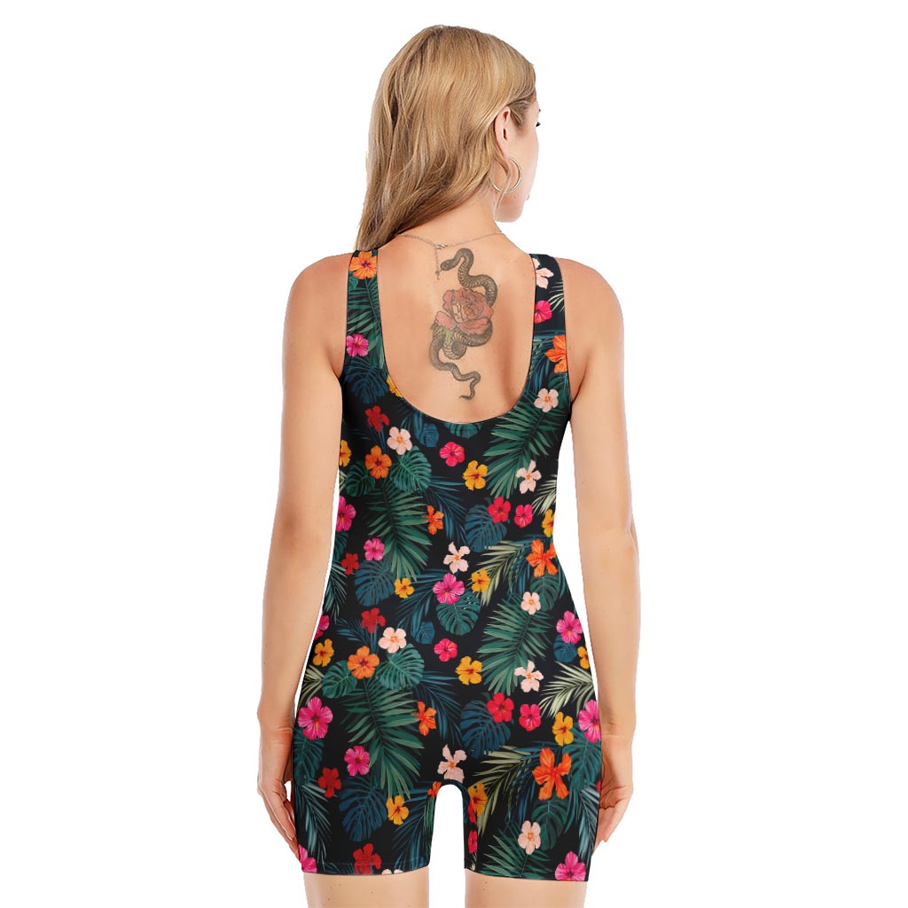 Tropical Flowers Hawaii Pattern Print Sleeveless One Piece Swimsuit