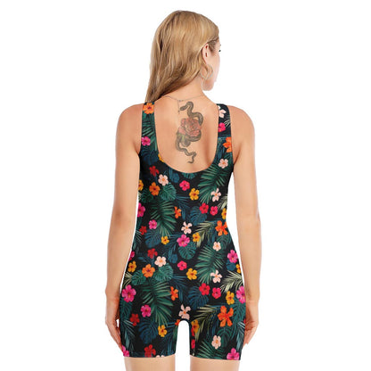 Tropical Flowers Hawaii Pattern Print Sleeveless One Piece Swimsuit