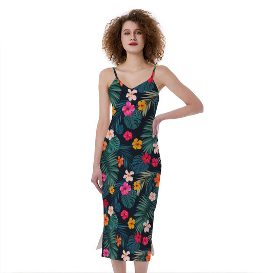 Tropical Flowers Hawaii Pattern Print Slim Fit Midi Cami Dress