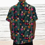 Tropical Flowers Hawaii Pattern Print Textured Short Sleeve Shirt