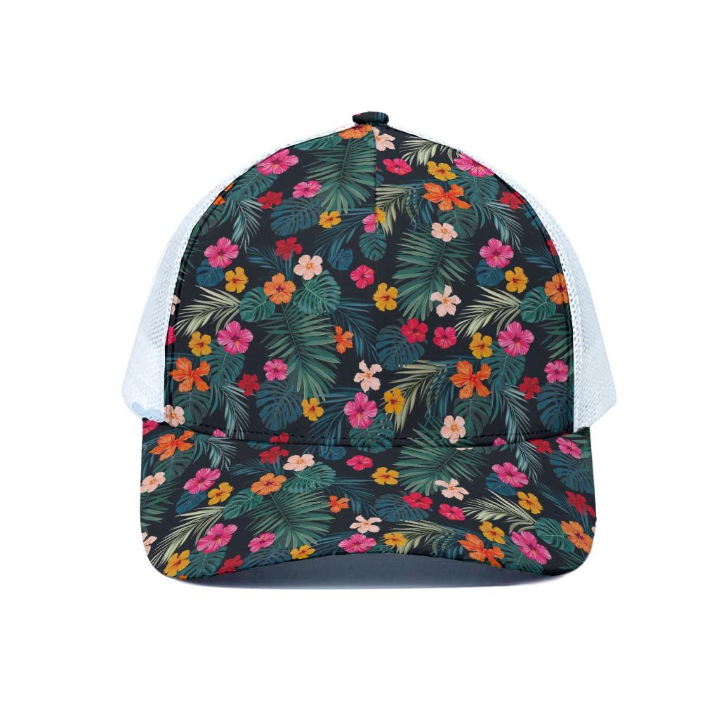 Tropical Flowers Hawaii Pattern Print White Mesh Trucker Cap