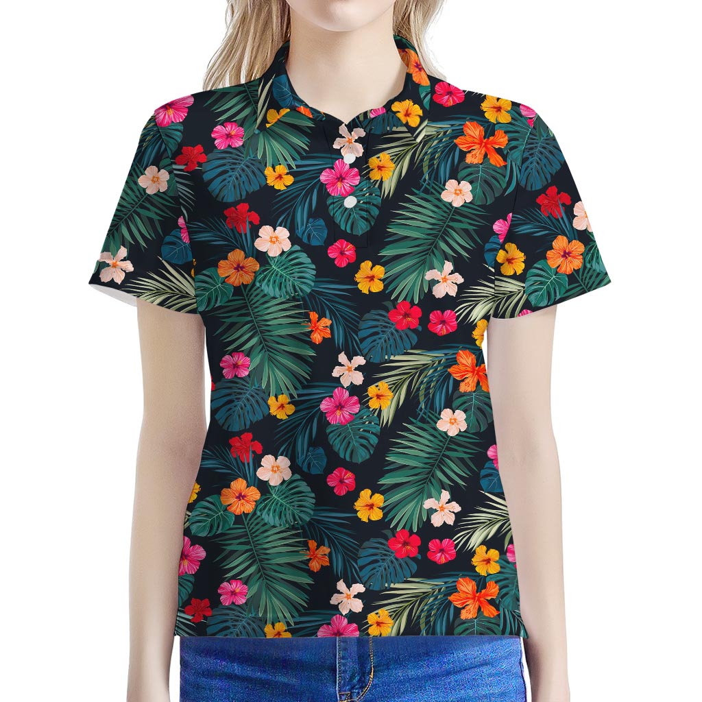 Tropical Flowers Hawaii Pattern Print Women's Polo Shirt