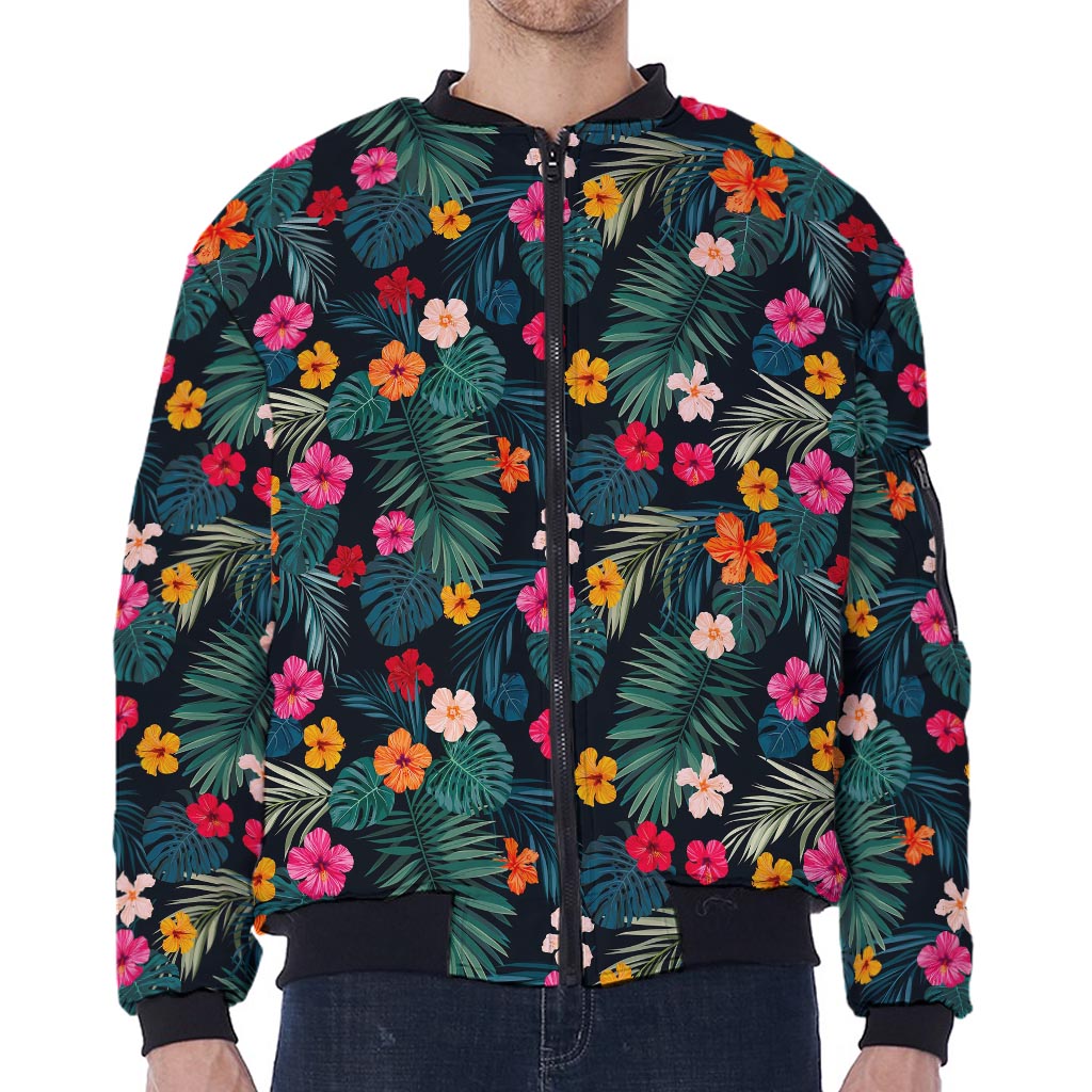 Tropical Flowers Hawaii Pattern Print Zip Sleeve Bomber Jacket