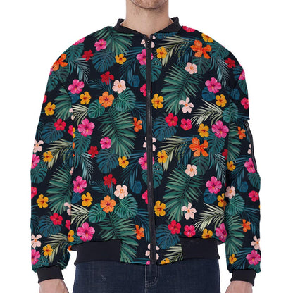 Tropical Flowers Hawaii Pattern Print Zip Sleeve Bomber Jacket