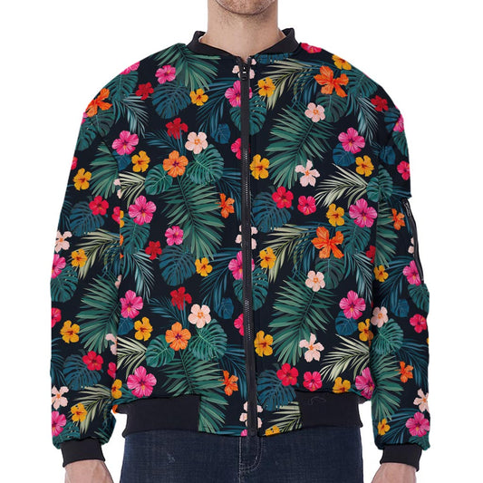 Tropical Flowers Hawaii Pattern Print Zip Sleeve Bomber Jacket