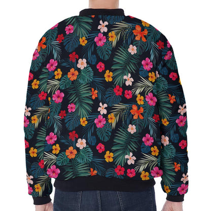 Tropical Flowers Hawaii Pattern Print Zip Sleeve Bomber Jacket