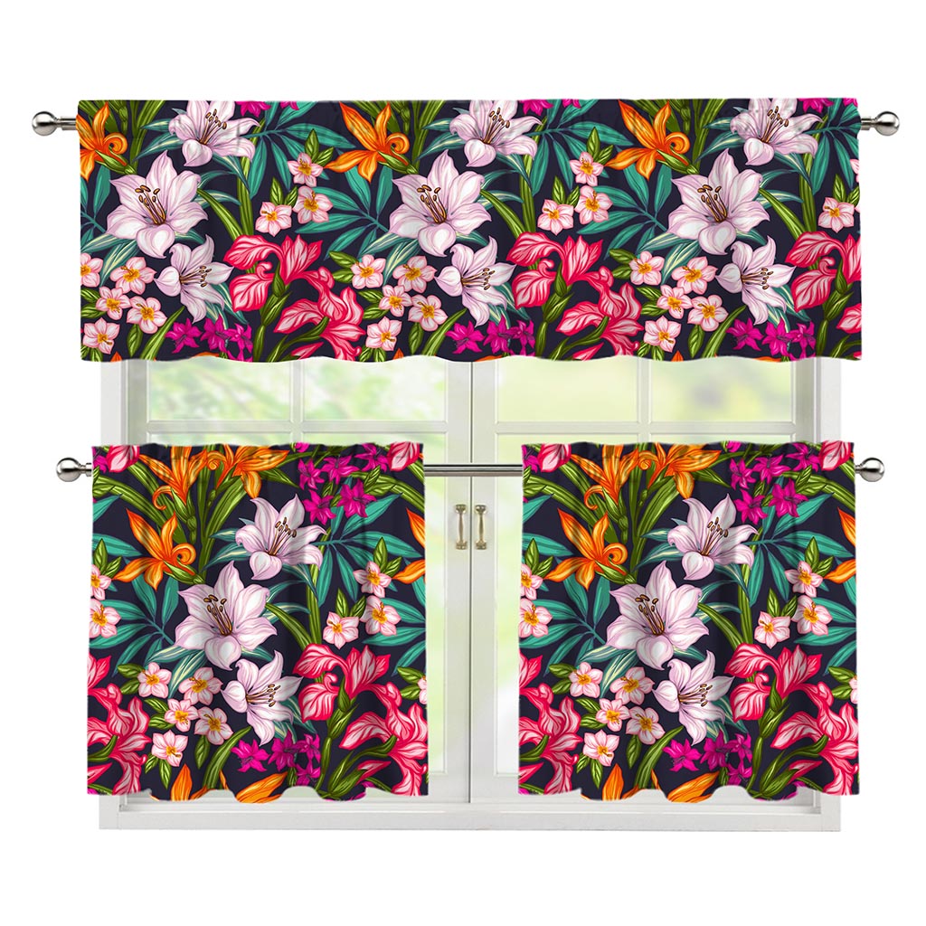 Tropical Flowers Pattern Print 3 Piece Kitchen Curtains