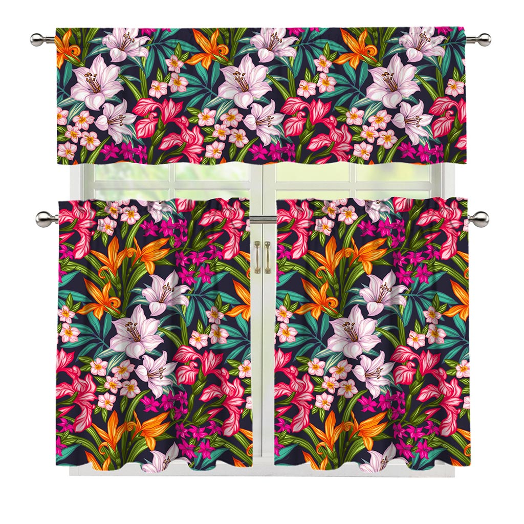 Tropical Flowers Pattern Print 3 Piece Kitchen Curtains