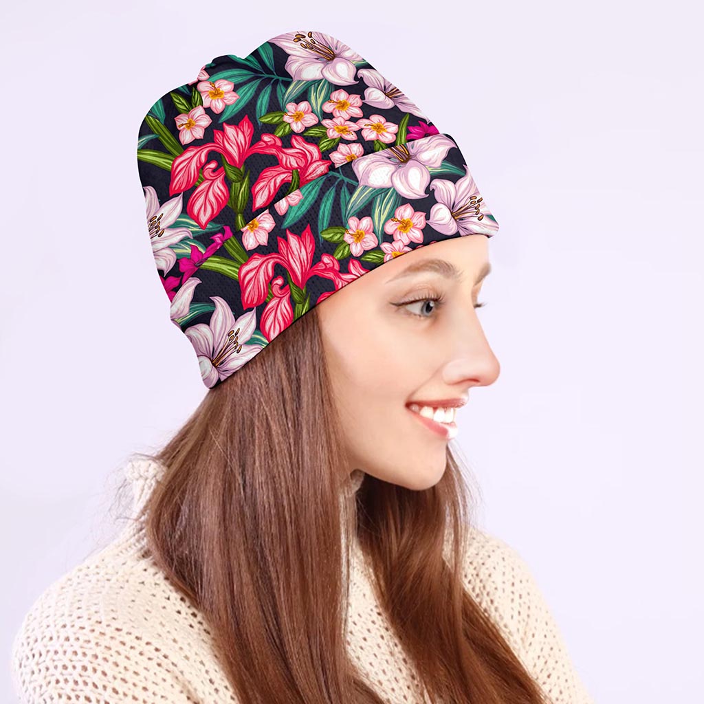 Tropical Flowers Pattern Print Beanie