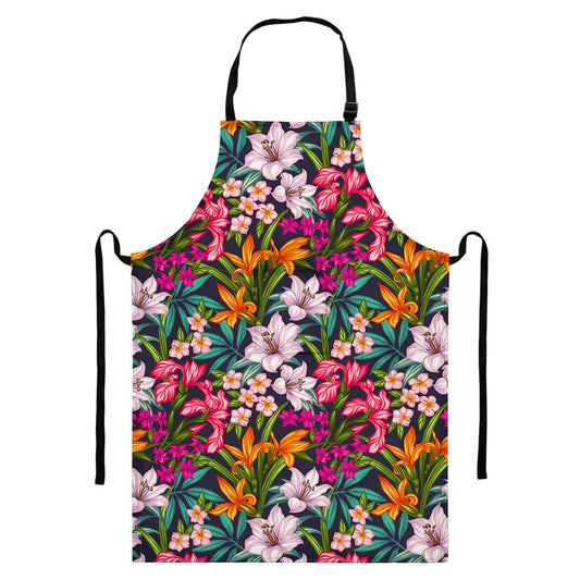 Tropical Flowers Pattern Print Bib Apron With Pocket