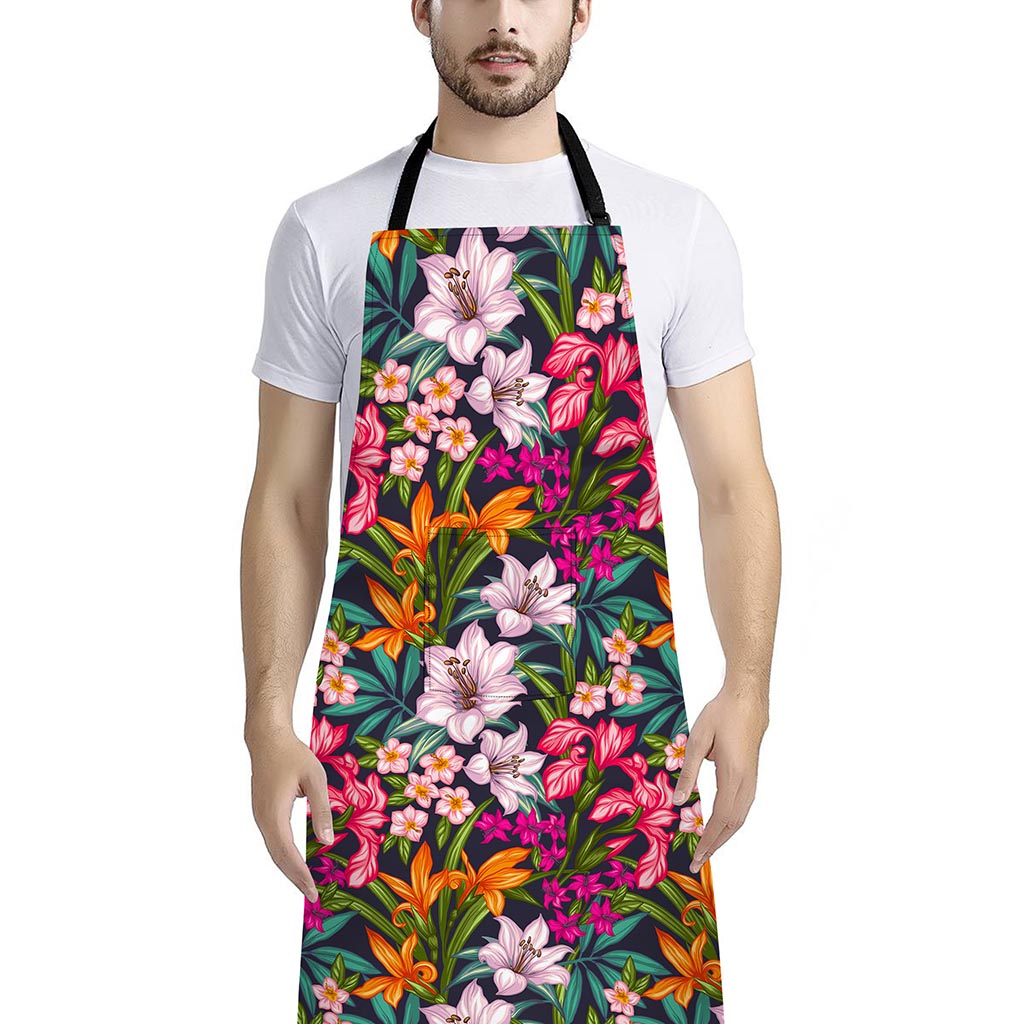 Tropical Flowers Pattern Print Bib Apron With Pocket