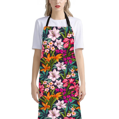 Tropical Flowers Pattern Print Bib Apron With Pocket
