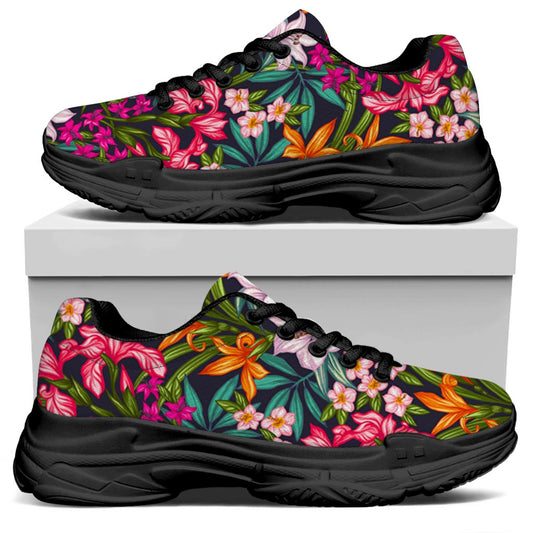 Tropical Flowers Pattern Print Black Chunky Shoes