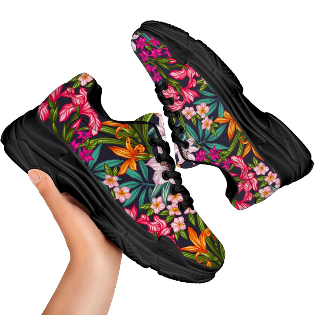 Tropical Flowers Pattern Print Black Chunky Shoes
