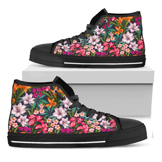 Tropical Flowers Pattern Print Black High Top Sneakers