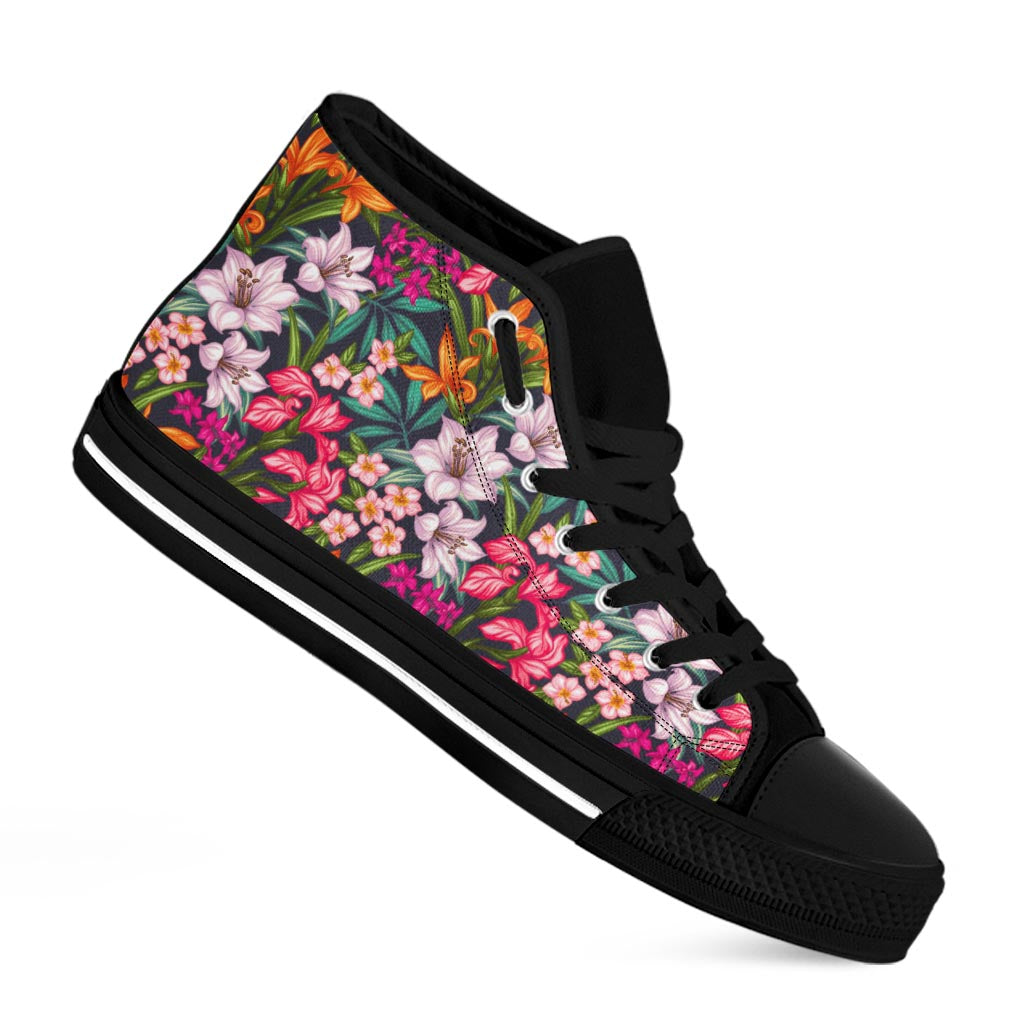 Tropical Flowers Pattern Print Black High Top Sneakers