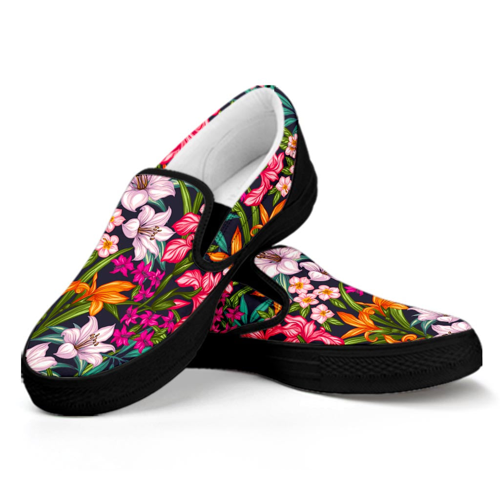Tropical Flowers Pattern Print Black Slip On Sneakers