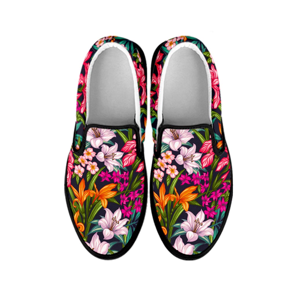 Tropical Flowers Pattern Print Black Slip On Sneakers