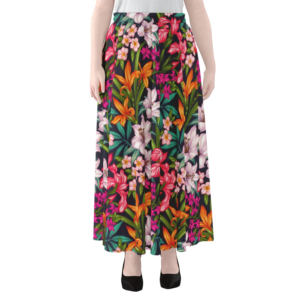 Tropical Flowers Pattern Print Chiffon Maxi Skirt