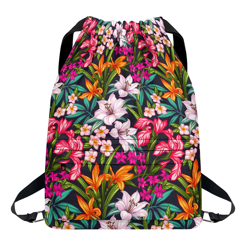 Tropical Flowers Pattern Print Drawstring Backpack