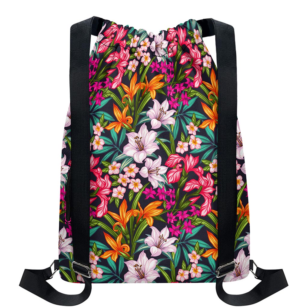 Tropical Flowers Pattern Print Drawstring Backpack