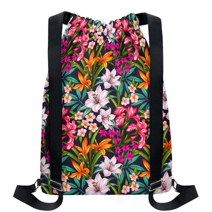 Tropical Flowers Pattern Print Drawstring Backpack