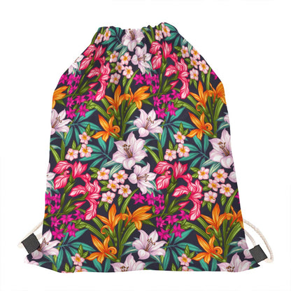 Tropical Flowers Pattern Print Drawstring Bag