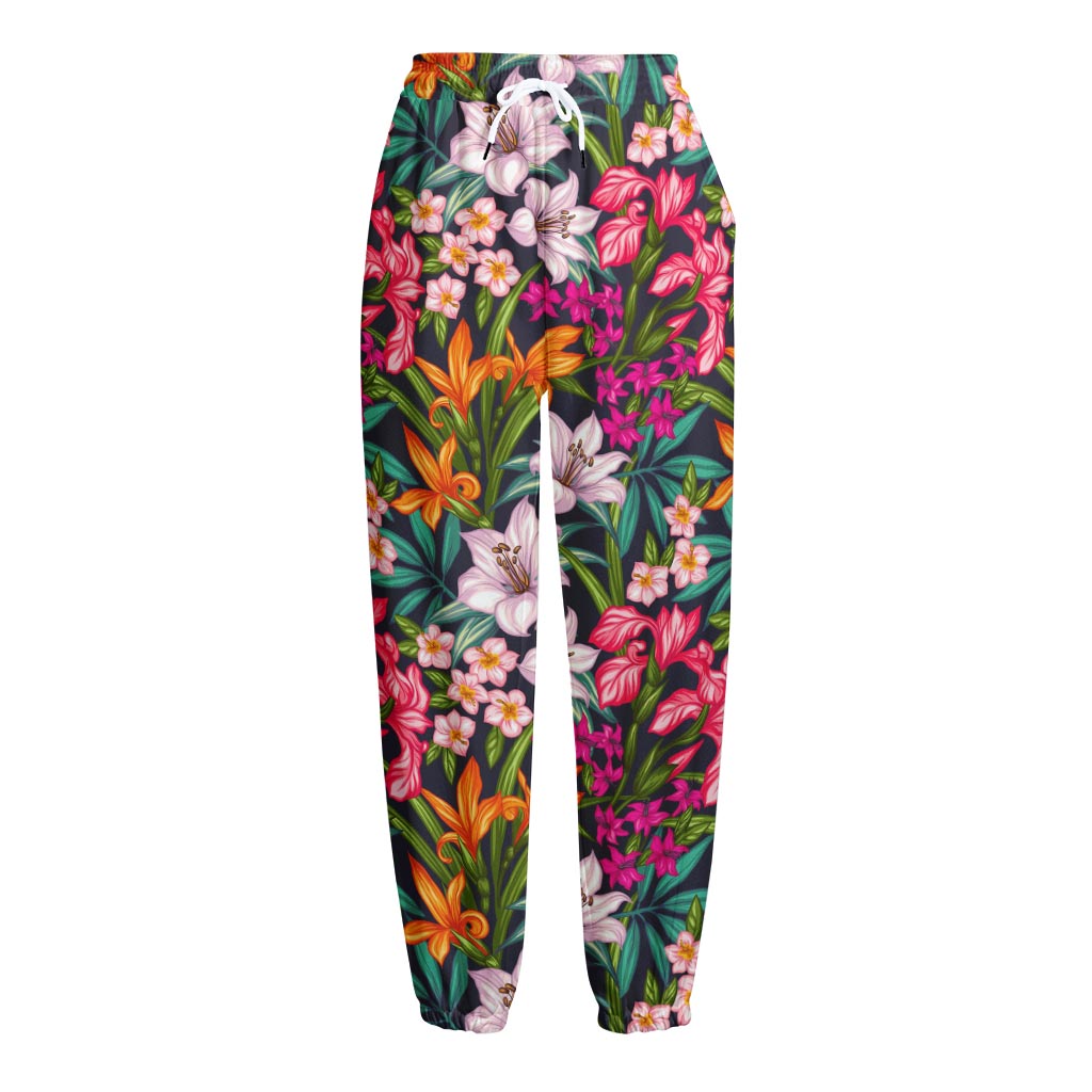 Tropical Flowers Pattern Print Fleece Lined Knit Pants