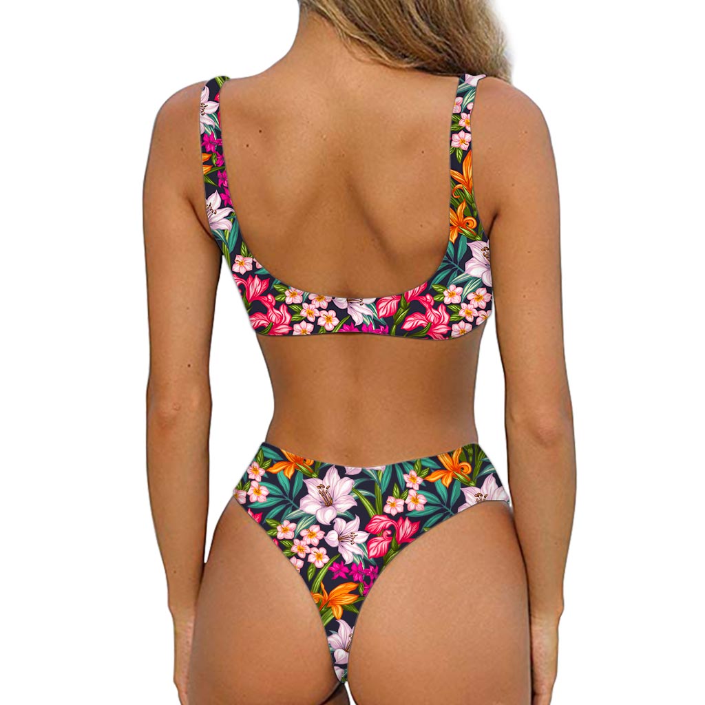 Tropical Flowers Pattern Print Front Bow Tie Bikini