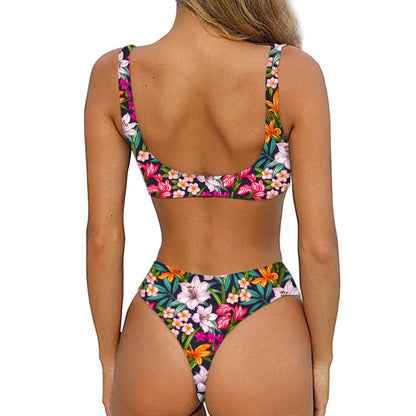Tropical Flowers Pattern Print Front Bow Tie Bikini