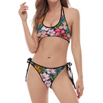 Tropical Flowers Pattern Print Halter Scoop Tie Side Bikini