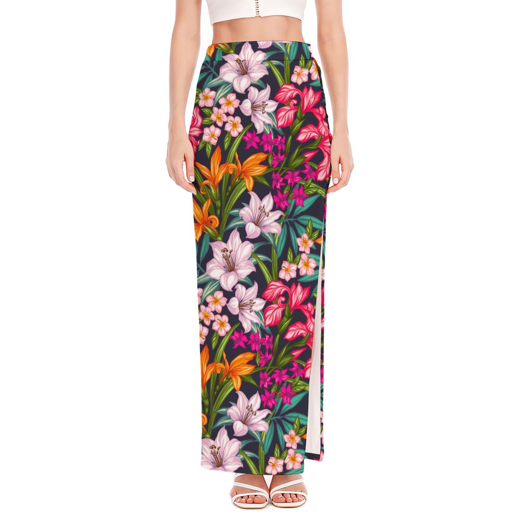 Tropical Flowers Pattern Print High Slit Maxi Skirt