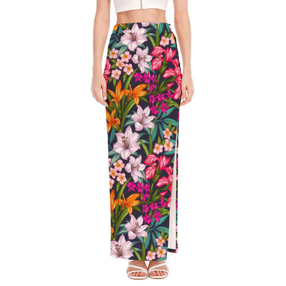 Tropical Flowers Pattern Print High Slit Maxi Skirt