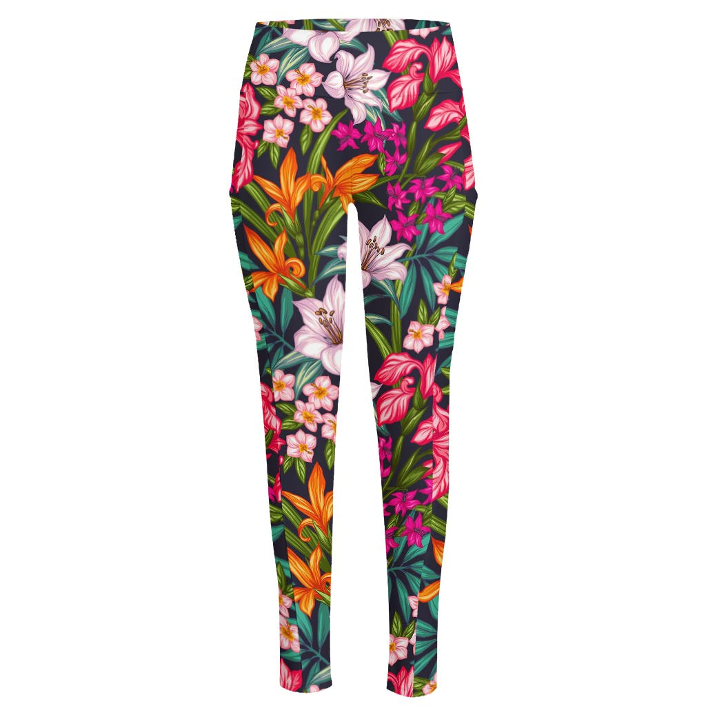 Tropical Flowers Pattern Print High-Waisted Pocket Leggings