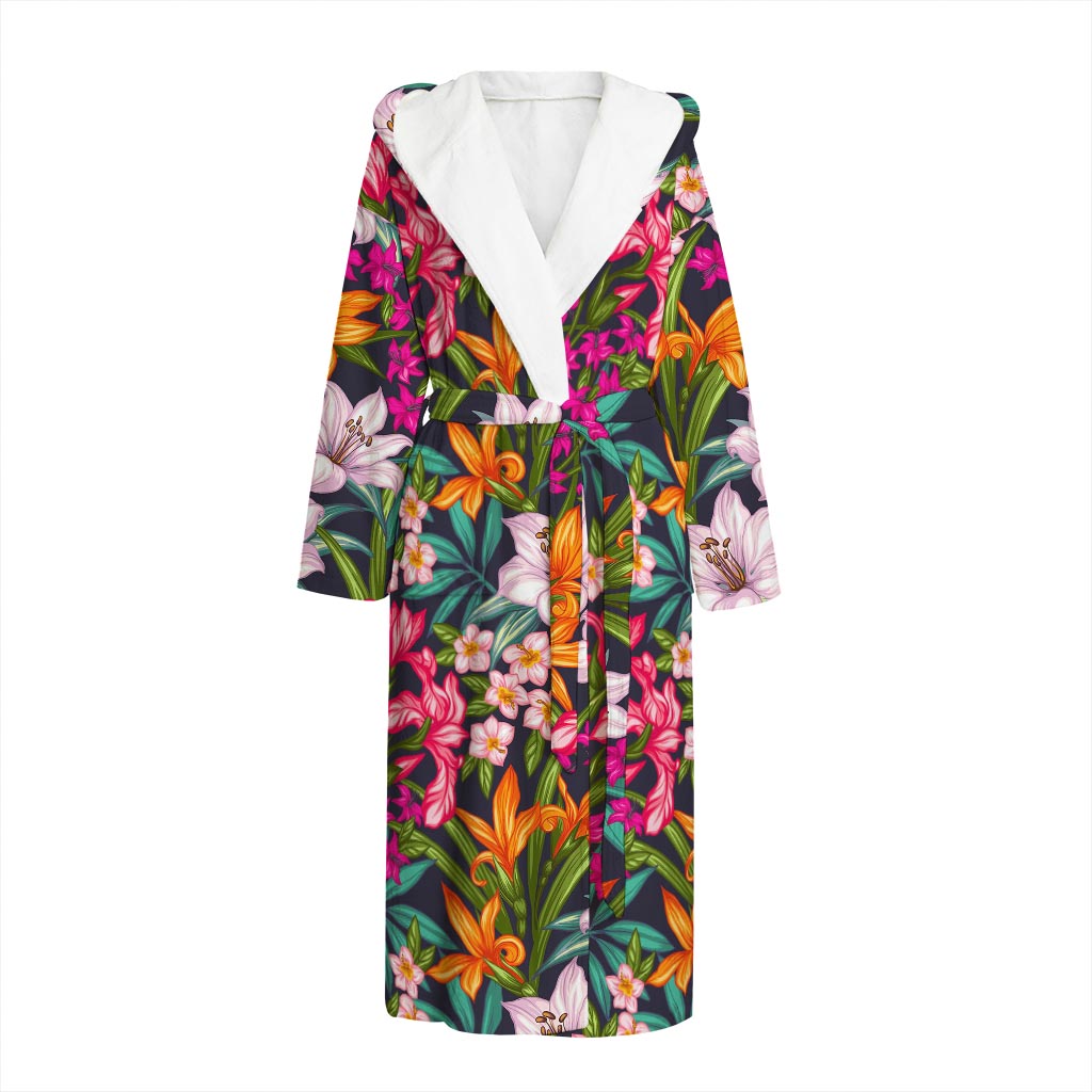 Tropical Flowers Pattern Print Hooded Bathrobe