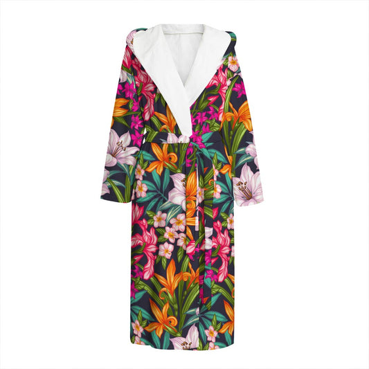 Tropical Flowers Pattern Print Hooded Bathrobe