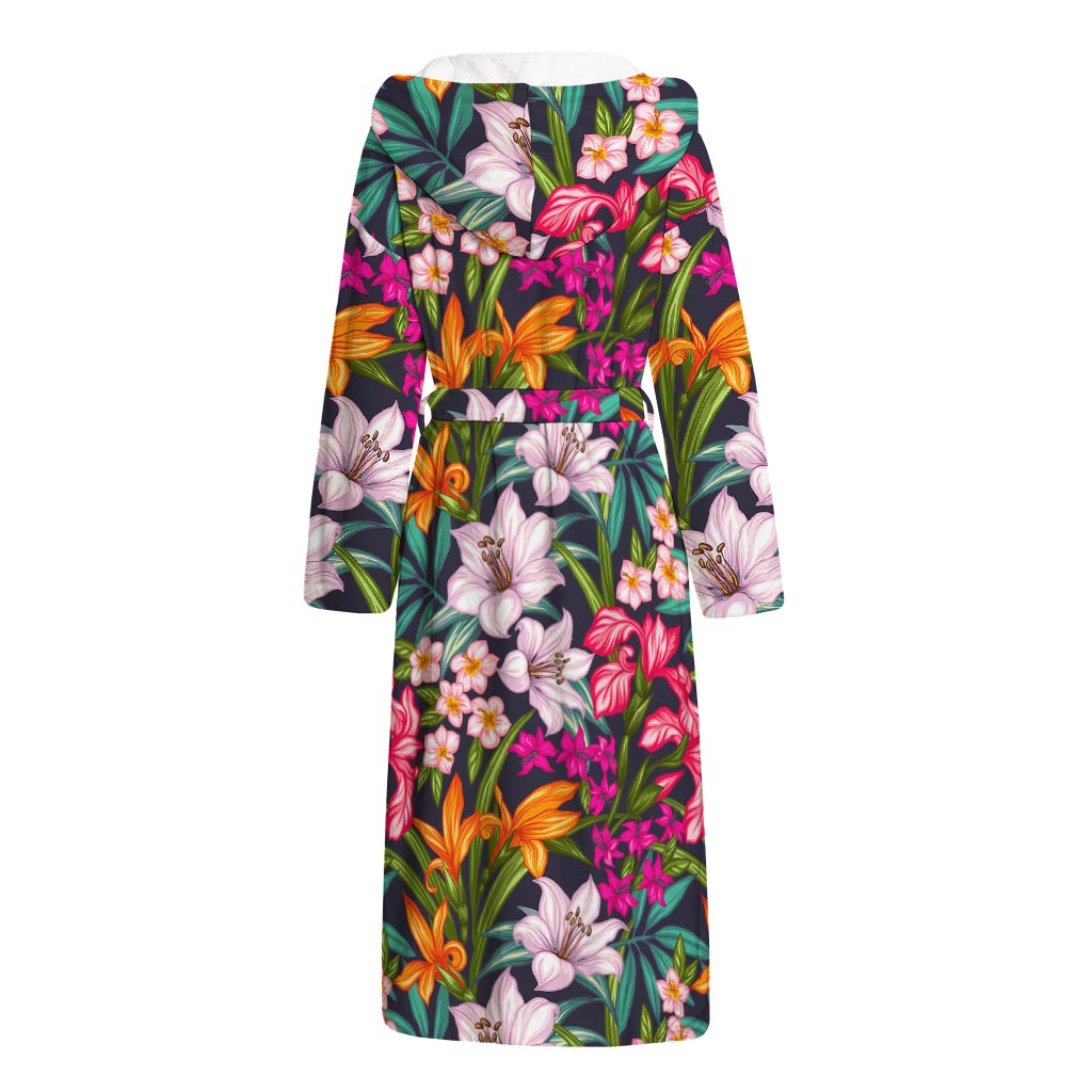Tropical Flowers Pattern Print Hooded Bathrobe