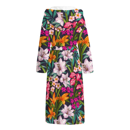Tropical Flowers Pattern Print Hooded Bathrobe